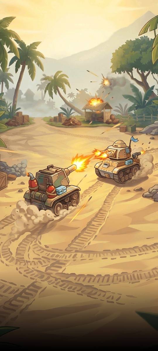砂漠で撃ち合う戦車。起動したときの一枚絵